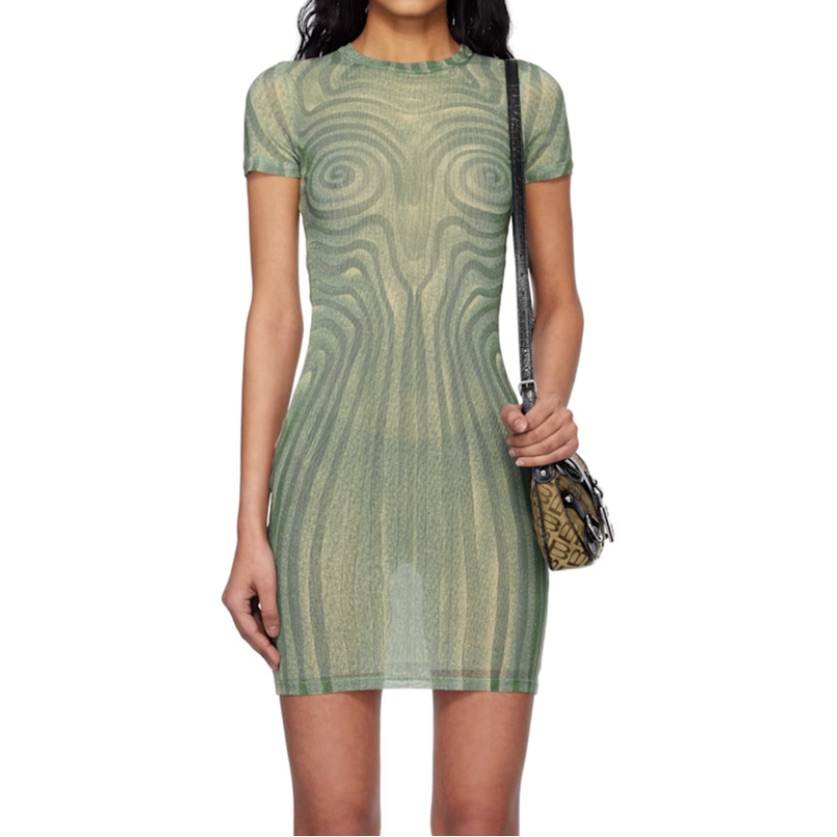 Jean Paul Gaultier Striped/ Swirl Mesh Green Mini Dress